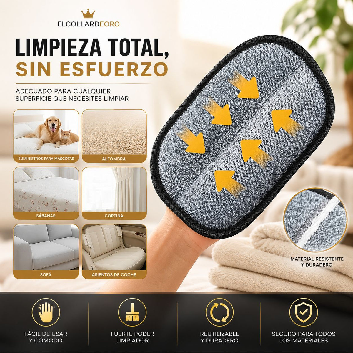 Guante quitapelos para sofá, alfombra, sábanas, cortinas y asientos de coche